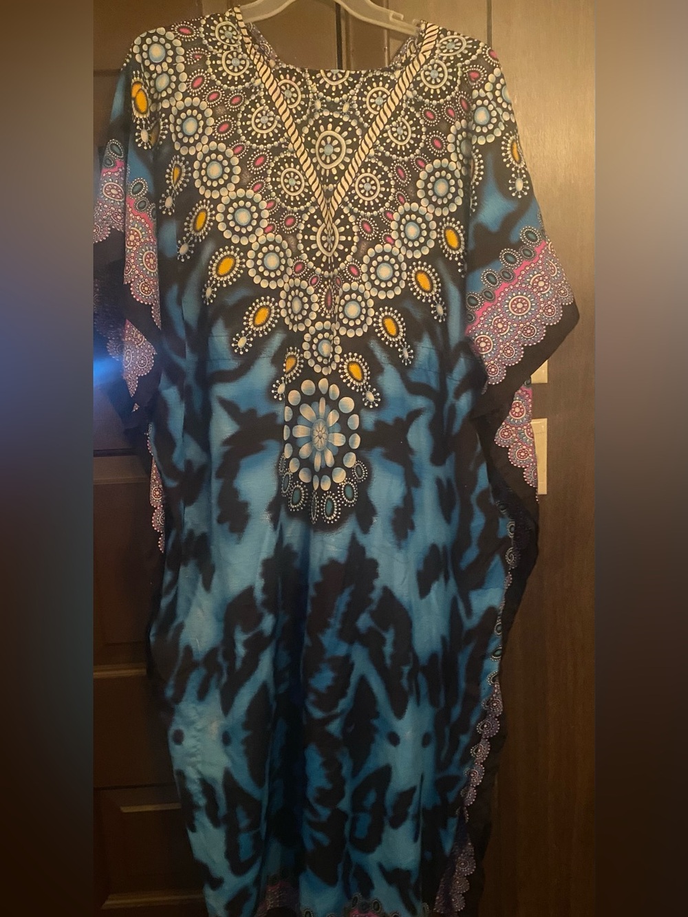 Women’s Size Fits All Caftan Blue and Black Embellished Boho
